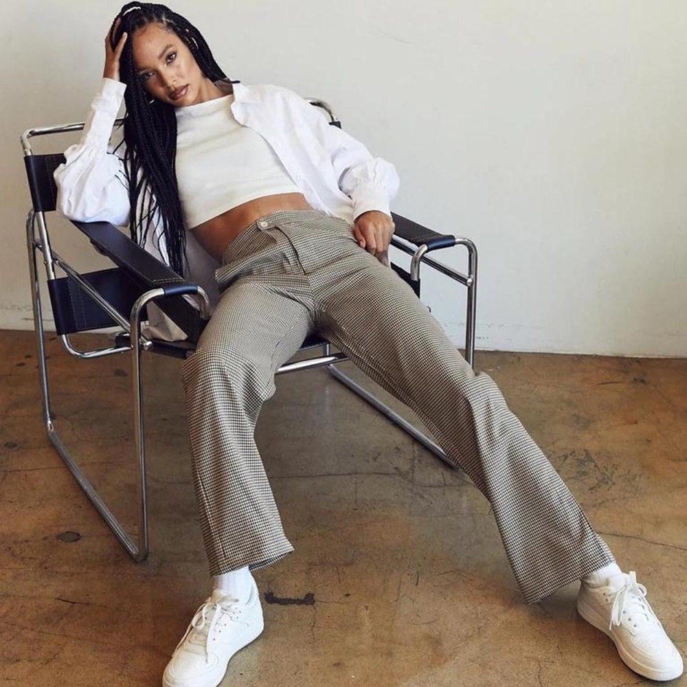 Princess Polly Tan Micro-Check Straight Leg Trousers